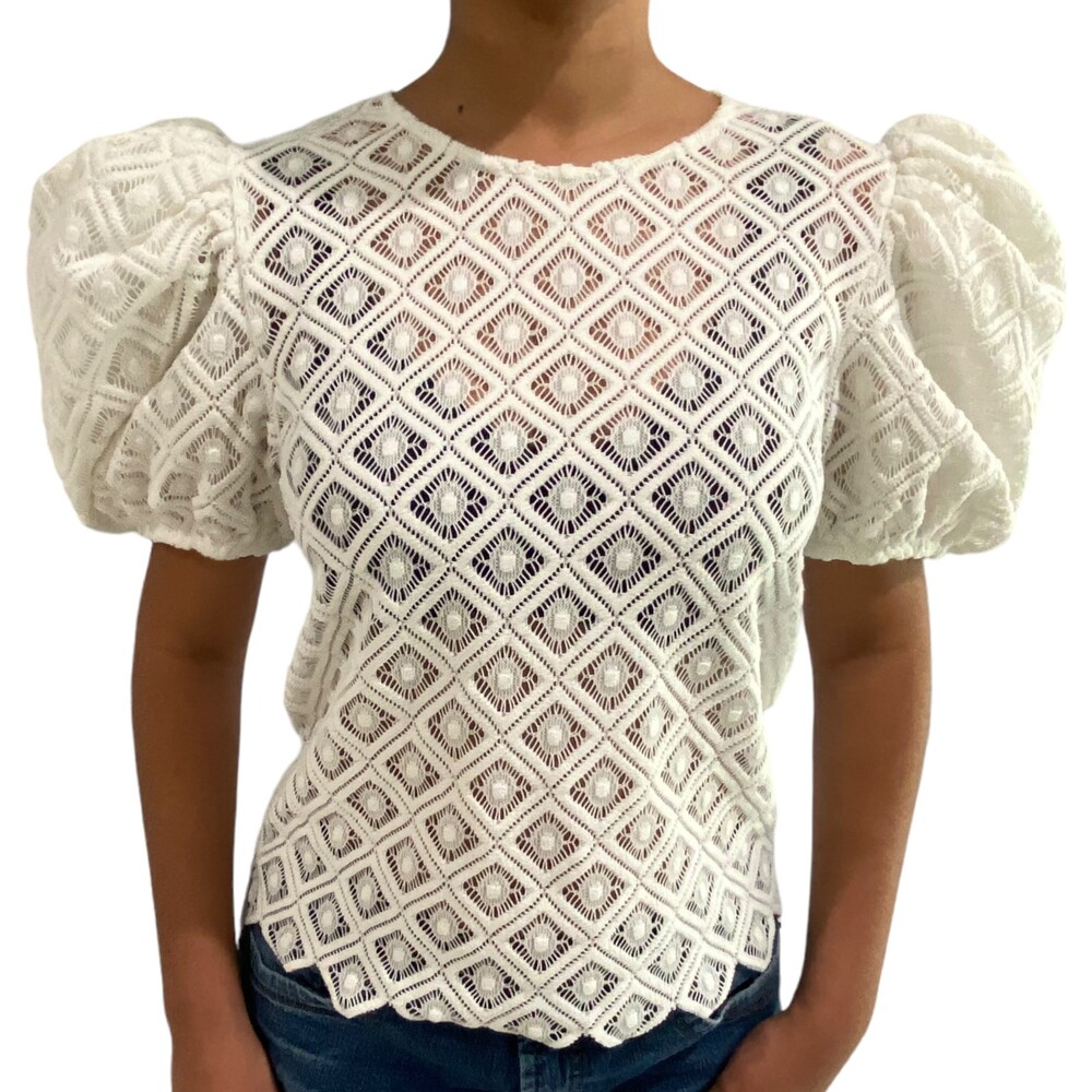 EXPRESS Women lace Puff Sleeve White Top Shirt Blouse Victorian Small